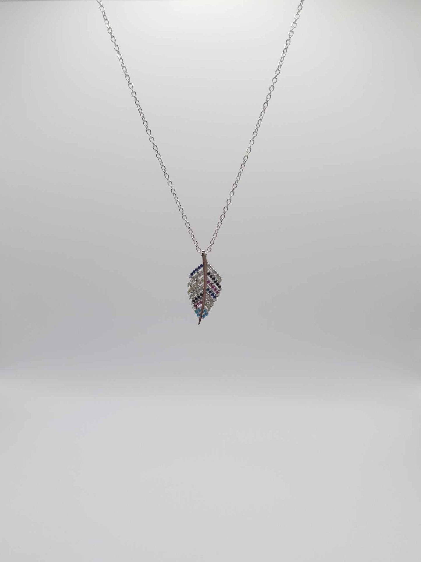 Rainbow Zircon Silver Feather Necklace