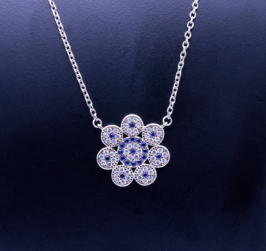 Sterling Silver Pear Shaped Sapphire Floral Pendan - 4.5G, 35CM